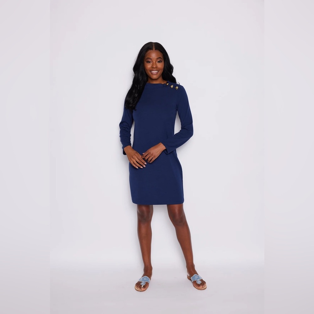 Sail to Sable Navy Ponte Button neck dress